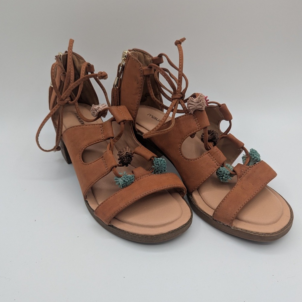 Maurices Womens Tan Faux Suede Pom Pom Tassel Lace Up Block Heel Sandals Size 8